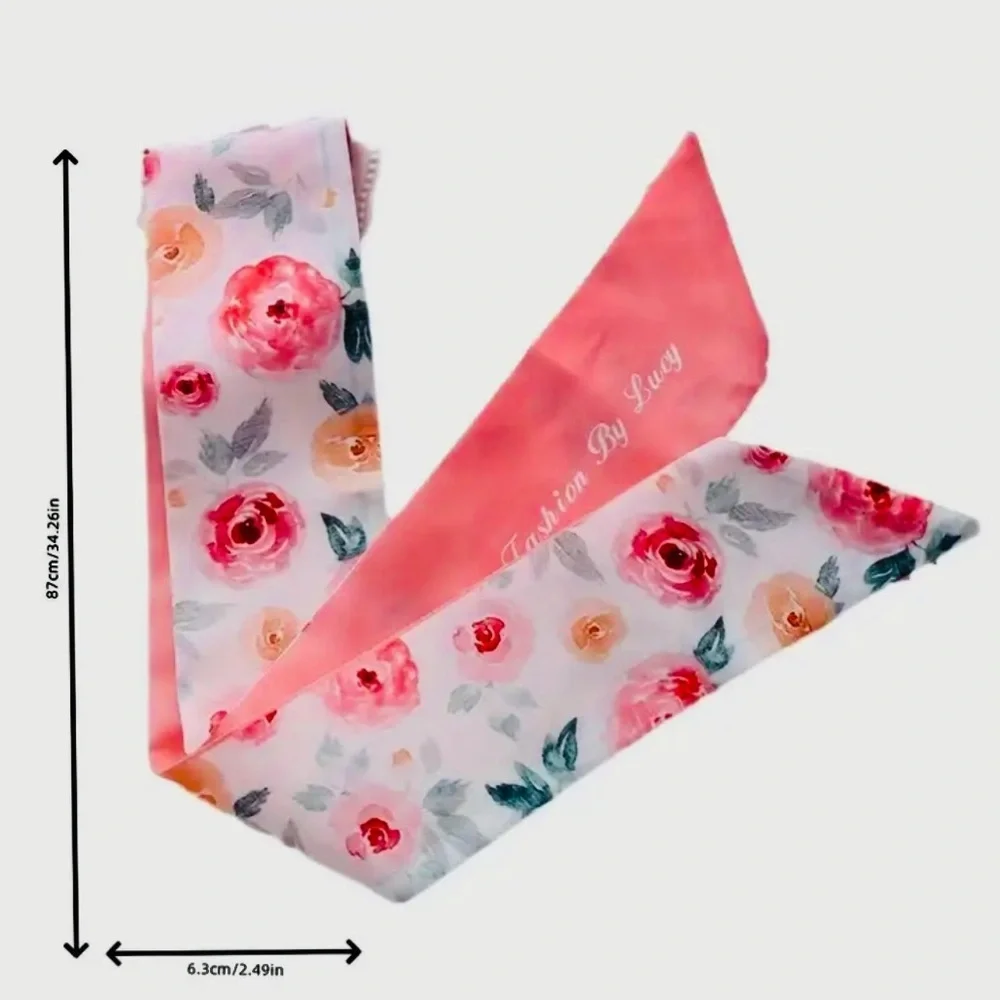 Floral Pink Rose Print Ribbon Hair Scarf – Feminine Accessory for Women